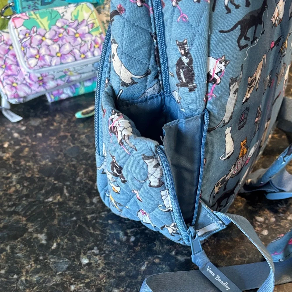 Vera Bradley Blue Cat Print Quilted Backpack with Pouch. MINI BACKPACK - Picture 4 of 10